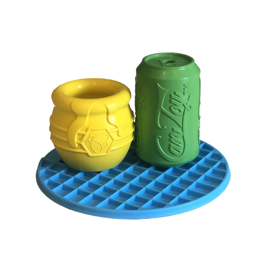 lick mat, soda can treat holder and honey pot