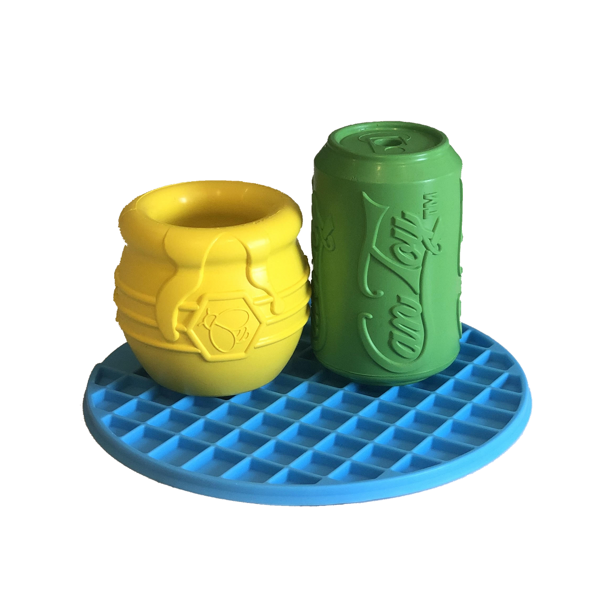 lick mat, soda can treat holder and honey pot